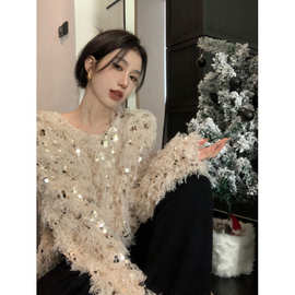 大码感甜美亮片毛衣女春秋新款小众设计感内搭针织衫上衣