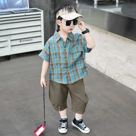 男童套装2026新款儿童夏季格子衬衫短袖两件套宝宝夏季短裤童装潮