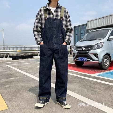 Cross-border retro American navy deck overalls men's summer washed straight jeans wholesale