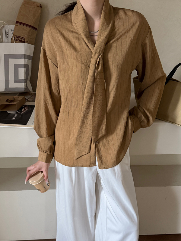 云长 不规则领带麻衬衫女秋长袖高智感条纹通勤女式白衬衣 K0129|undefined