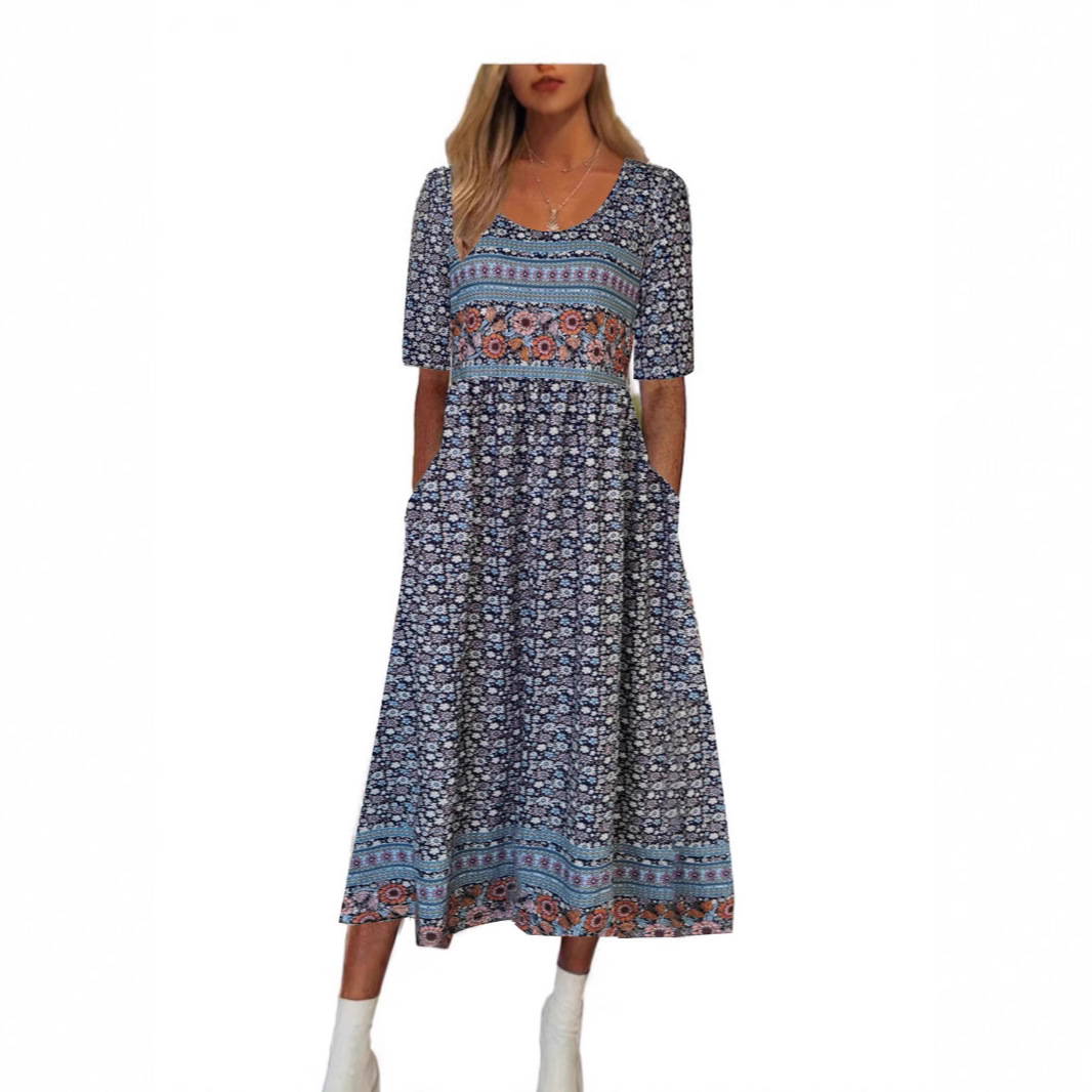 Summer Women's Fashion Crew Neck Short Sleeve Long Skirt Bohemian Dress Women_ecoleips.com
