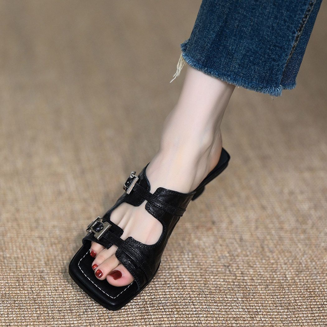 2026 nuevos zapatos de playa negros de verano zapatillas de cabeza cuadrada zapatillas de tacones bajos image 4