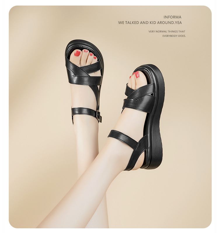 Dép sandal nữ quai ngang đế xốp mềm da thật phong cách La Mã — Màu đen chi tiết 12
