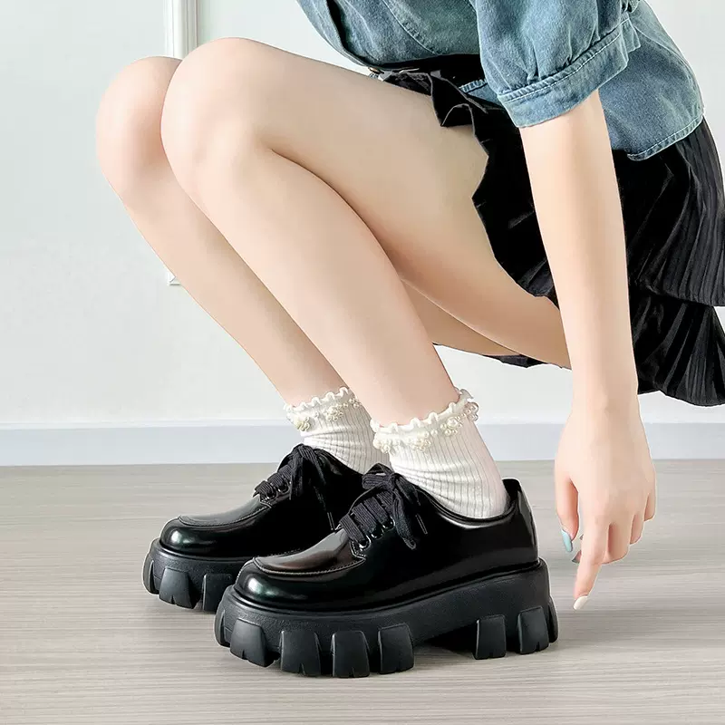 厚底绑带乐福鞋女春秋2025新款英伦风黑色小皮鞋女款松糕系带单鞋