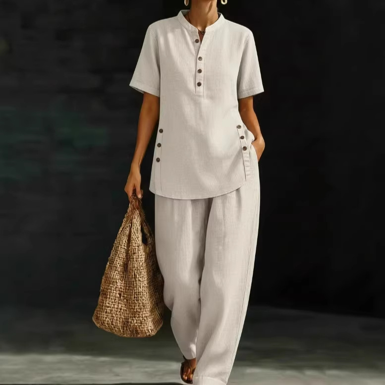 New Women's Linen Two-Piece Set American Style Comfortable Casual Button Up Shirt With Wide Leg Pants_ecoleips.com