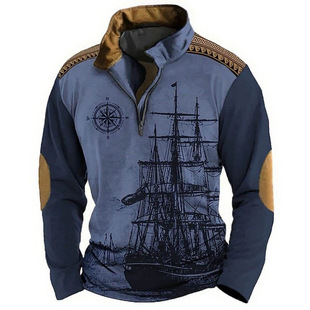Nautical Adventure Fashion 3D Digital Printing Retro Men's Casual Half Zipper Long Sleeve Street Trend Cross Border Collar