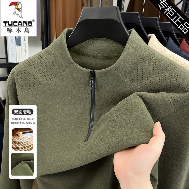 Woodpecker Double-Sided Thermal Fleece Base Layer Sweatshirt for Men, Half-Zip Stand Collar, Warm Underwear, Long-Sleeve T-Shirt for Middle-Aged Men