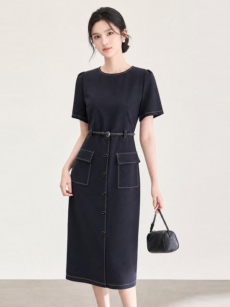 Đầm suông midi thắt eo phong cách Pháp thanh lịch — màu đen