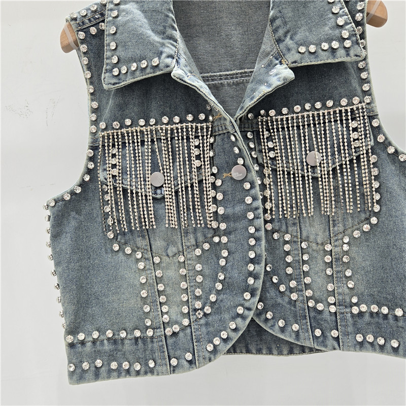 industria pesada diamante chaqueta denim mujer primavera y verano 2026 nuevo suelto delgado versátil chaleco sin mangas de mercadería europea
