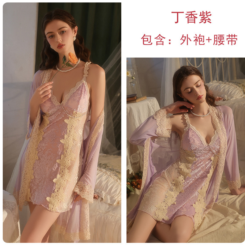 瑰若品牌内衣激情深V加胸垫纯欲慵懒丝绒睡裙外袍家居服套装5911|undefined