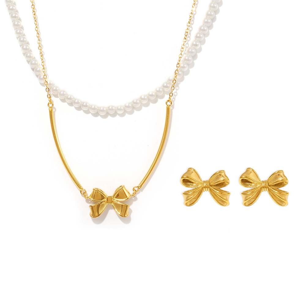 Hot Selling Bow Necklace Earrings Vintage Sweet Princess Stacked Bead Collarbone Chain Set_voghion.com