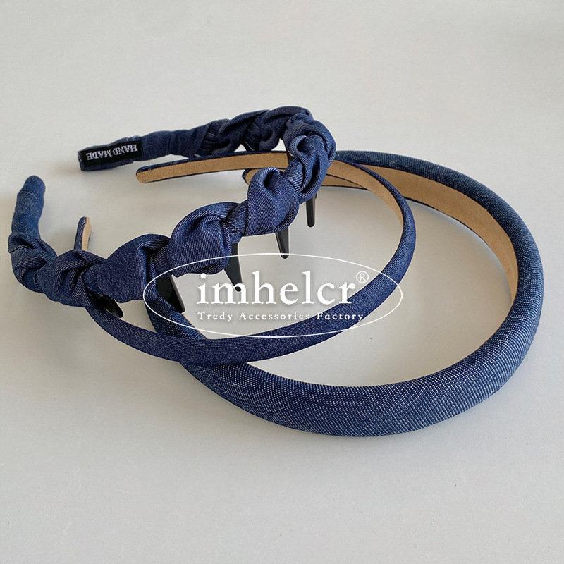韓国のシンプルなデニムブルーヘッドバンド〜ファッショナブルな年齢を軽減するレトロな高頭蓋骨歯付き多用途ヘッドバンドヘアアクセサリー女性用新しいスタイル|undefined