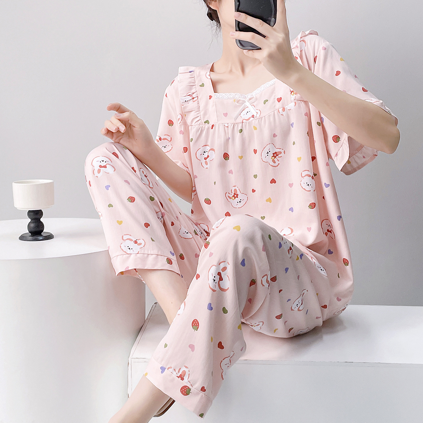 新款棉绸睡衣女夏季薄款卡通人造棉短袖两件套春秋可爱学生家居服