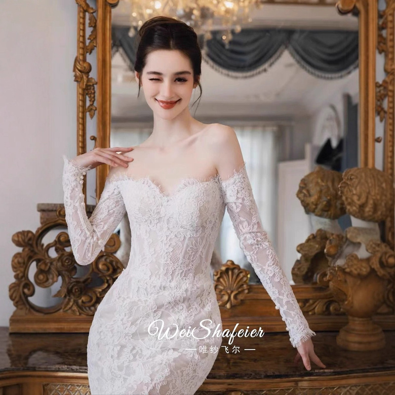 One-Shoulder Long-Sleeve Lace Mermaid Wedding Dress 2025 New Model with High-Quality Texture, Stunning for Going Out, Light Tulle for Petite Figures, Winter One-Shoulder Long-Sleeve Lace Mermaid Wedding Dress 2025 New Model with High-Quality Texture, Stunning for Going Out, Light Tulle for Petite Figures, Winter