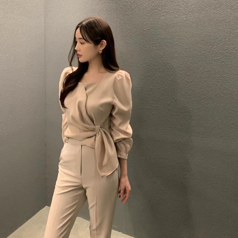 韩国chic秋季新款法式方领泡泡袖衬衫女收腰显瘦不规则设计上衣衫|undefined
