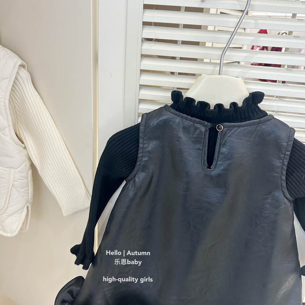 [Ropa de Niños de Leen] Año Nuevo de invierno de niñas chaleco de lana negro vestido de moda vestido de cuero