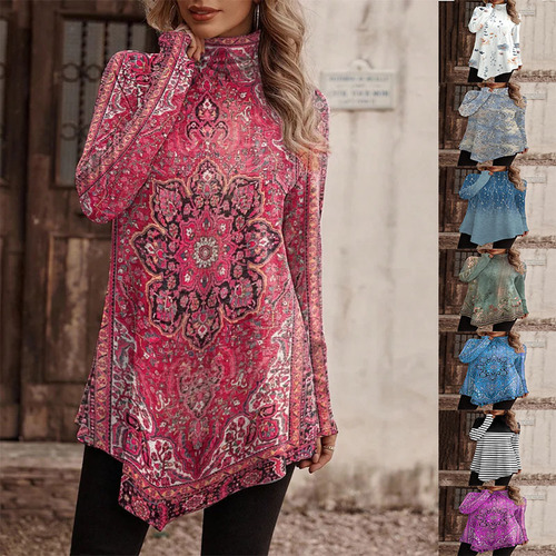Autumn and winter European and American TEMU independent station new high-necked national style fashionable casual long-sleeved T