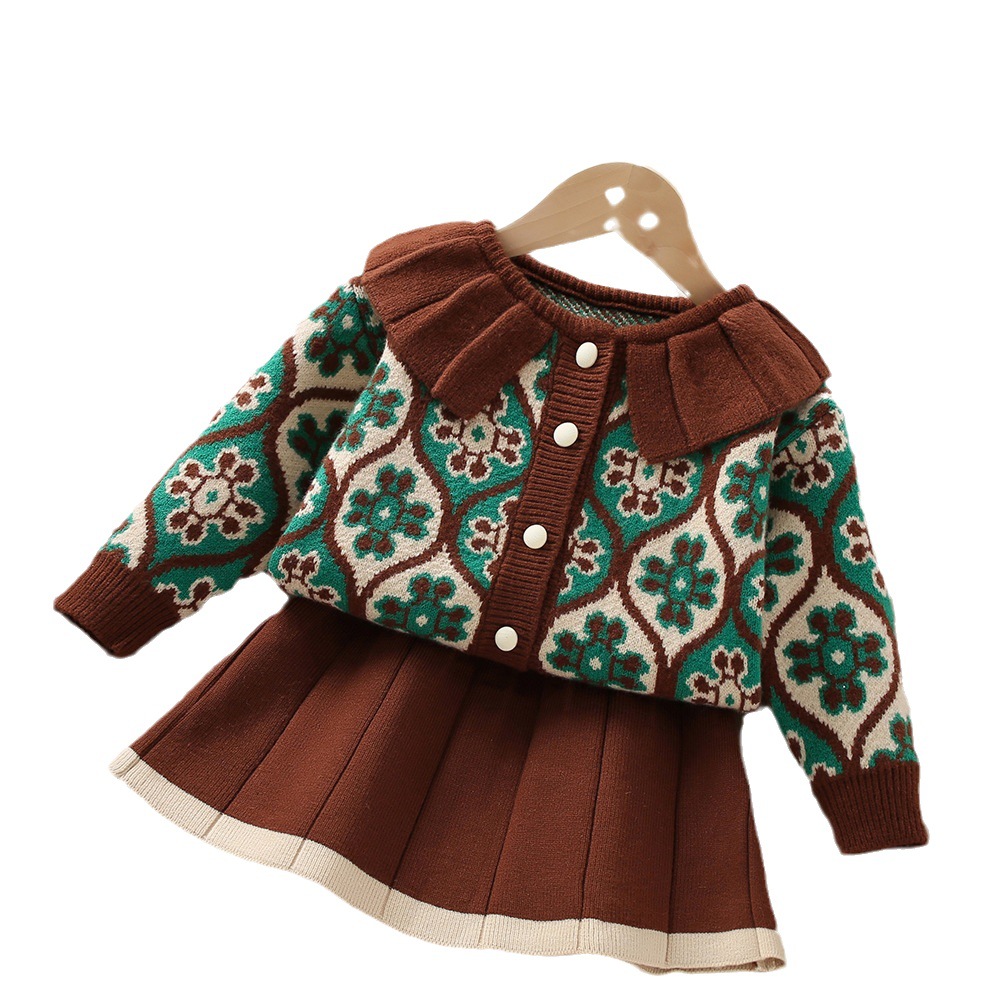 Girls' Sweater Set 2023 Autumn/Winter New Korean Edition Fashionable Flower Little Girl Doll Neck Two Piece Skirt_voghion.com