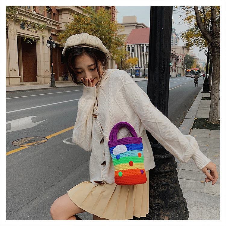Women's Medium Plush Rainbow Stripe Cute Beading Weave Bucket Open Crossbody Bag display picture 9