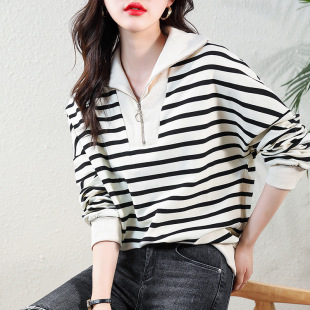 Striped stitching sweater 2022 autumn fashion all-matching new lapel comfortable long sleeve casual bathroom