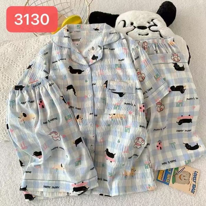 Comercio exterior nube transfronteriza algodón de tres piezas pantalones cortos de manga corta pantalones pijamas de verano ropa a domicilio rebeca de dibujos animados solapa