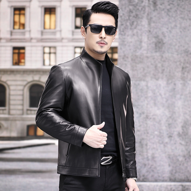 New Haining Sheepskin Real Leather Men's Lapel Handsome Motorcycle Leather Jacket Short Down Jacket Trendy