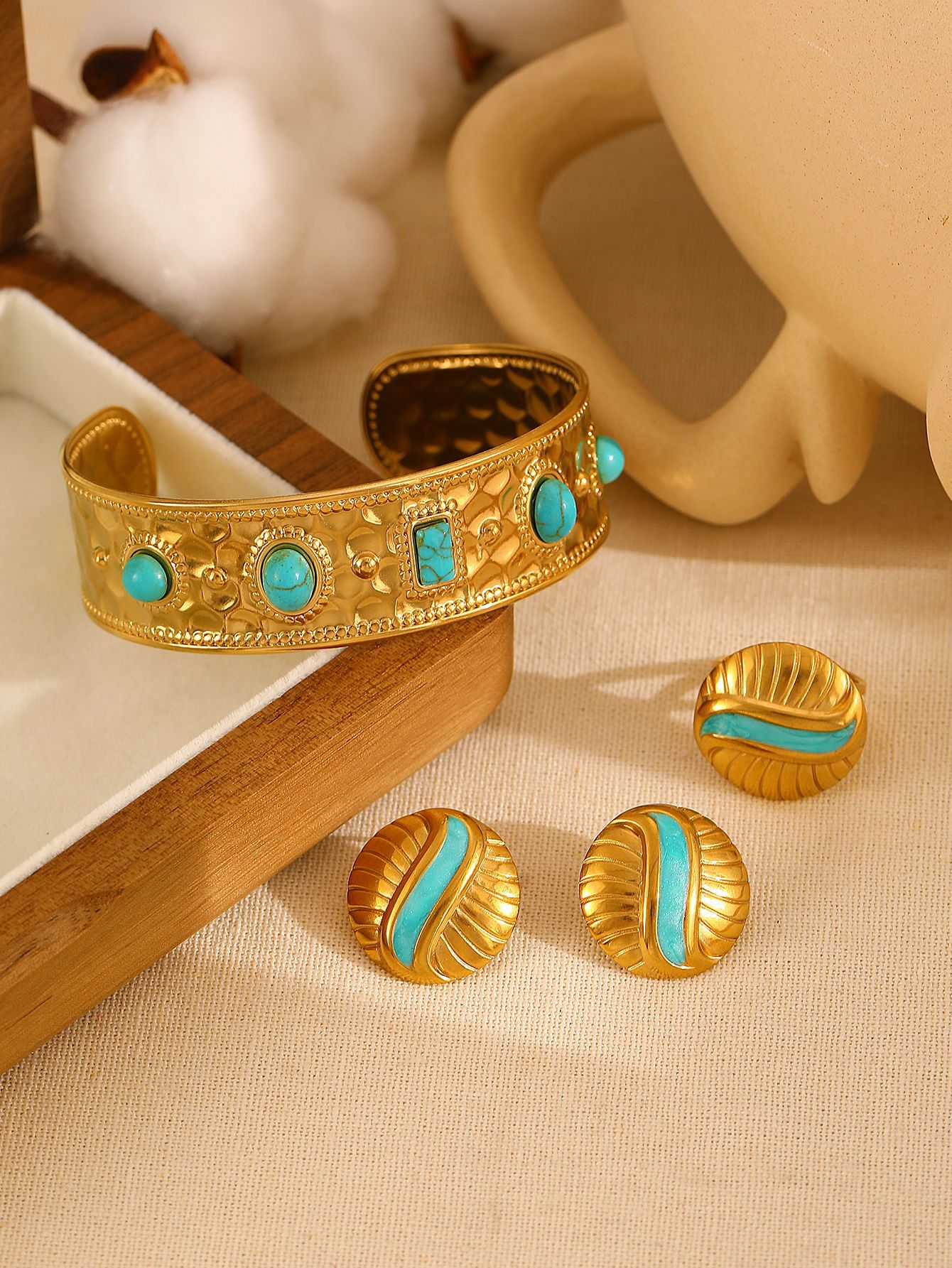 All Seasons Season Vacuum Plating PVD Coated 18K Real Gold Plated Geometric 304 Stainless Steel Elegant Retro Rings Bracelets Bangle