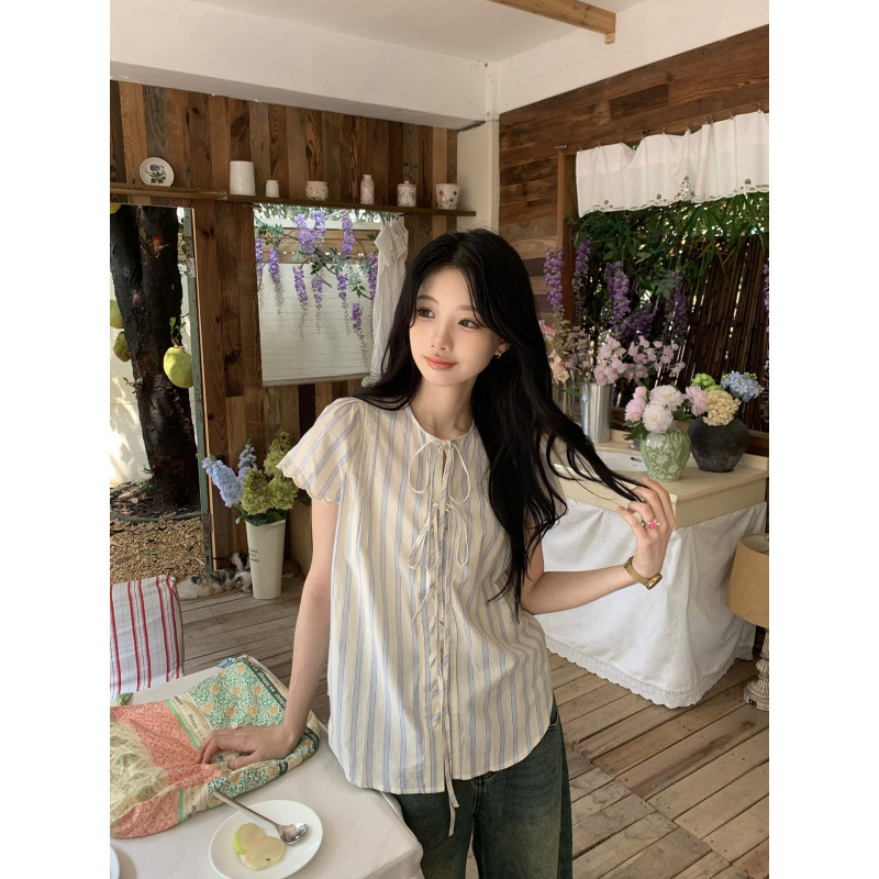 Korean Style Contrasting Striped Short-Sleeved Shirt for Women, Summer Fashion, Lace Sleeves, Loose Casual and Stylish Top