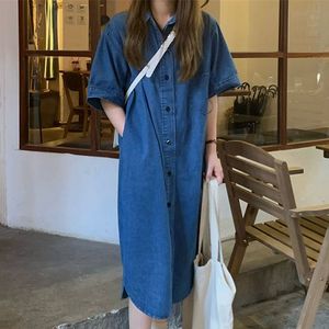 韩国chic复古百搭翻领单排扣宽松衬衫裙休闲中长款短袖牛仔连衣裙