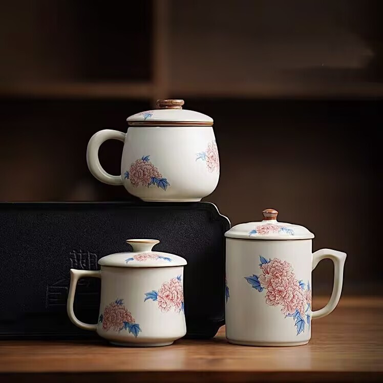 High-End Mug Ru Kiln Hibiscus Flower Chinese Ceramic Tea Cup with Lid Liner Filter Tea Water Separation Office Cup