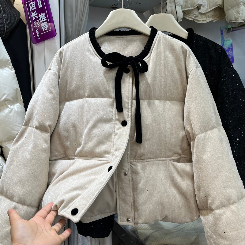 Winter fashionable down jacket with bow with a round collar