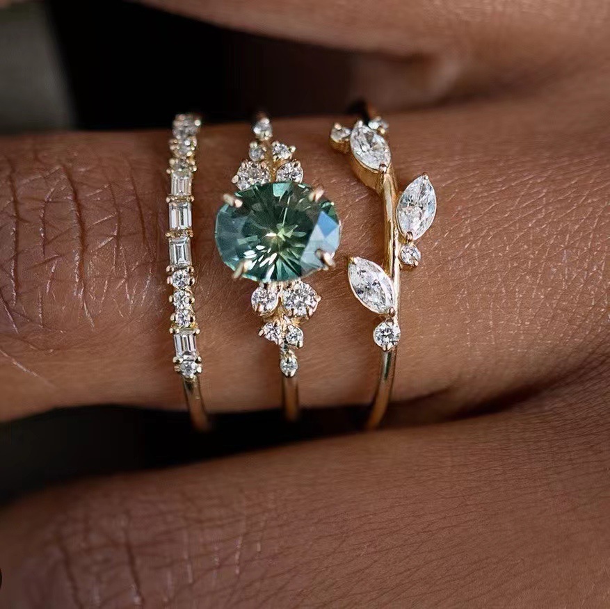 Huajie Cross-Border Popular Accessible Luxury Floral Ring Engagement Ring Set European and American Best-Selling Three-Piece Ring Set