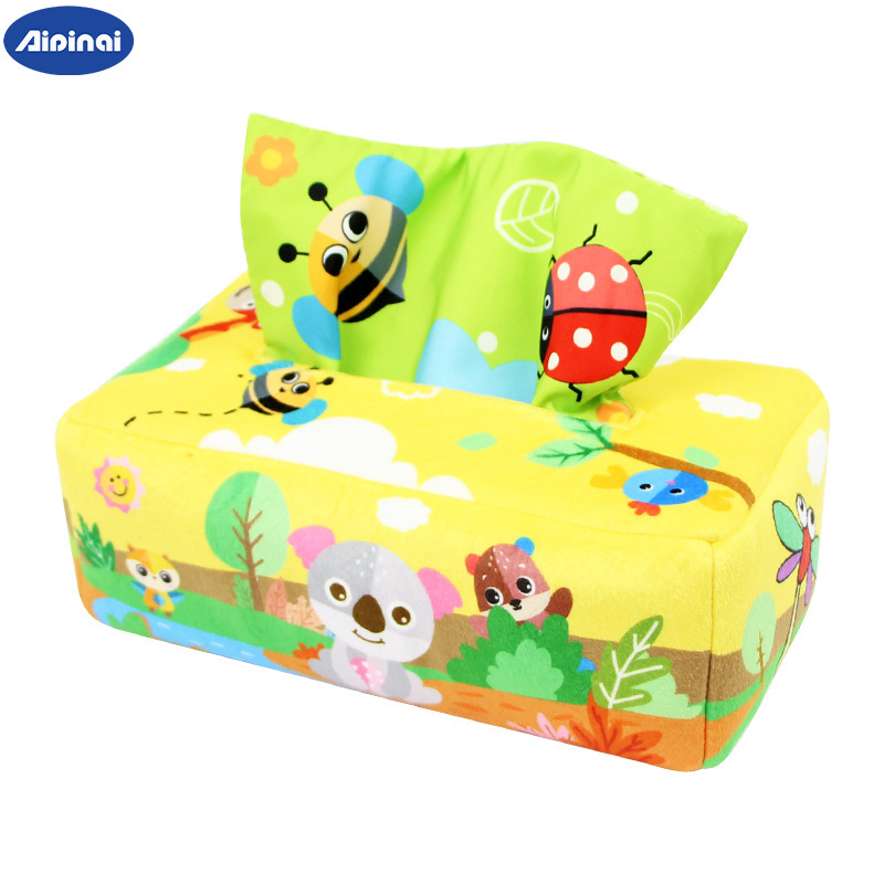 Juguete de peluche simulado de caja de pañuelos para bebés, juguete de ejercicio para los dedos de bebés.