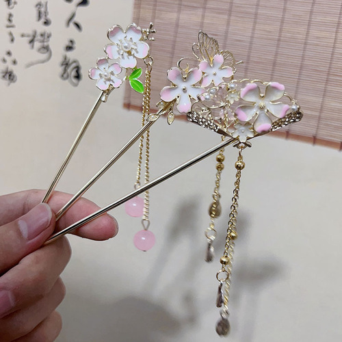 Antique-style fan cherry blossoms butterflies tassel hairpin retro temperament coiled hairpin hair accessory Hanfu hair pendant hairpin head accessory hair decoration