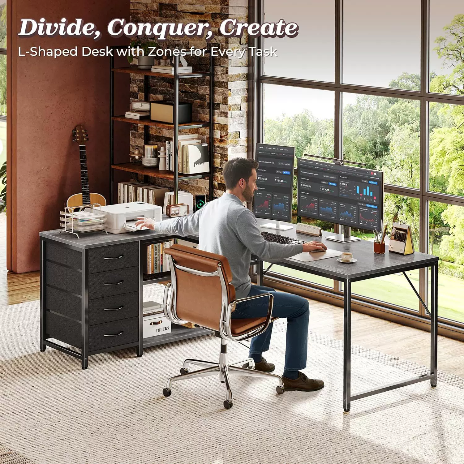 现代简约电脑收纳一体桌跨境家用多功能L型办公桌落地式写字书桌