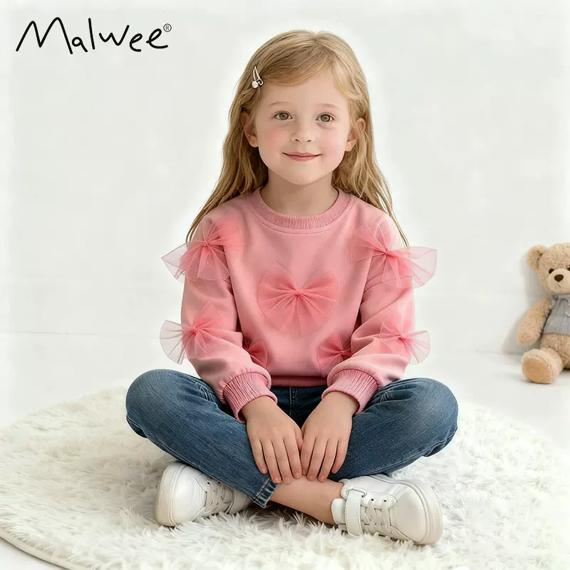 跨境malwee女童卫衣秋冬新款欧美中小童圆领T恤长袖打底衫套头衫