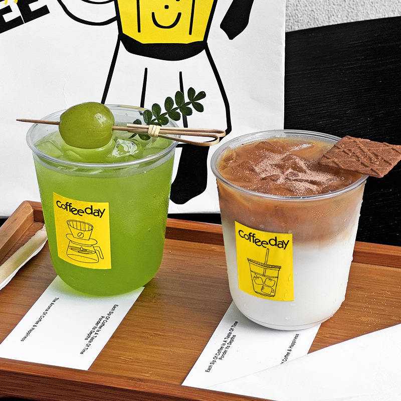 网红咖啡杯一次性PET冷饮杯带盖外卖商用u型波波杯奶茶杯印logo