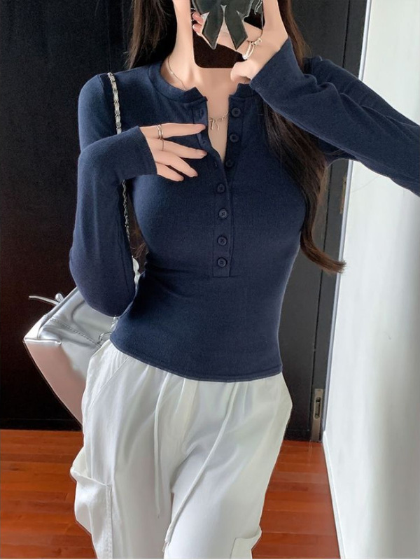 美式辣妹半开圆领纽扣长袖T恤秋季打底衫修身显瘦内搭打底衫上衣|undefined