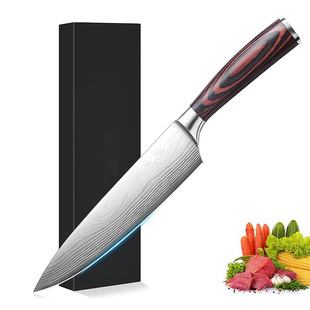 Cross-border Hot Sale 8 Inch Chef Knife Colorful Wooden Handle Damascus Pattern Chef Knife Household Stainless Steel Chef Knife Wholesale
