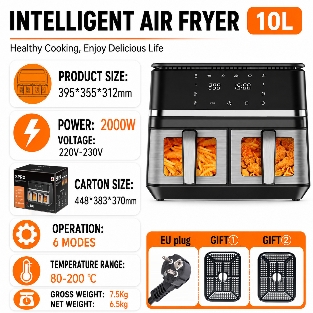 Modèle à écran tactile 10L en acier inoxydable + puissance de feu élevée de 2000 W + cuisson à l'air chaud tridimensionnelle "version européenne UE"