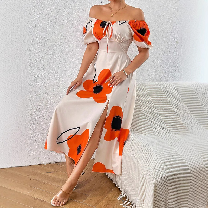 Cross-Border European and American Amazon Aliexpress Temu Export Women's Summer Floral Print Side Slit Maxi Dress