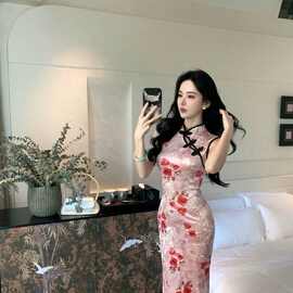 新中式金钻绒印花改良旗袍连衣裙传统双开叉包臀裙长裙子民族国风