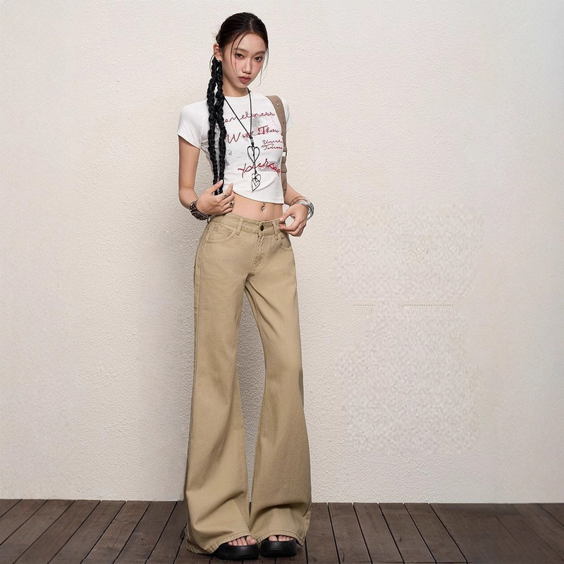 卡其色微喇牛仔裤女2025新款春夏美式垂感百搭不贴腿低腰喇叭裤子|undefined