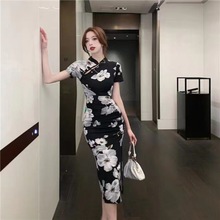 2024年复古国潮印花改良旗袍高开叉日常包臀褶皱收腰中长款连衣裙
