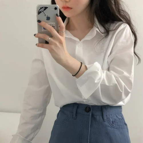 White women's shirt blouses, Korean chic pure color innerwear, design sense, niche open sweater