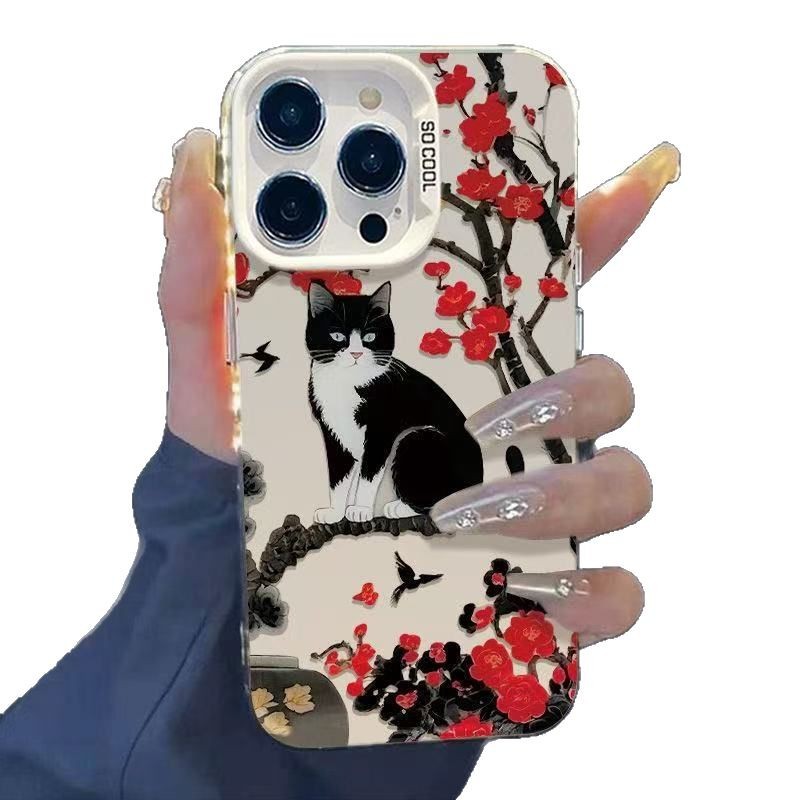 Ciruelo gato negro para iPhone 16 funda para teléfono móvil Apple 15promax/14 anti-caída 13pro12 personalidad 11xr