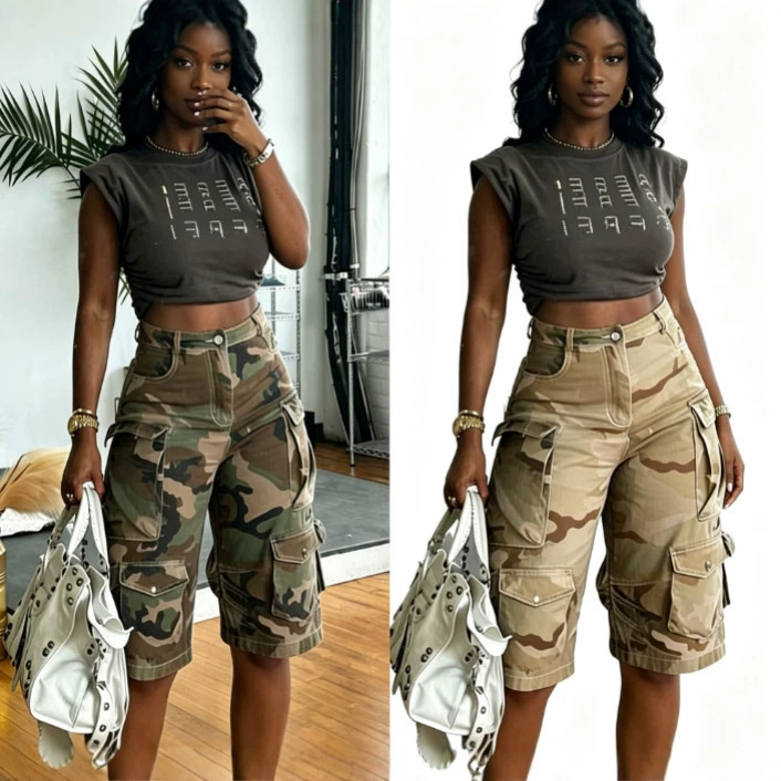 Ld2673 Summer New European and American Cross-Border Fashion Women's Large Pocket Loose Workwear Casual Camouflage Denim Shorts Ld2673 Summer New European and American Cross-Border Fashion Women's Large Pocket Loose Workwear Casual Camouflage Denim Shorts