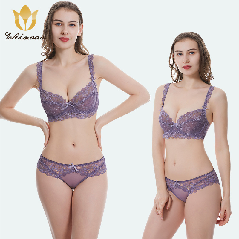 Large size set, women's sexy lace lingerie underwear, gathered adjustable bra_voghion.com