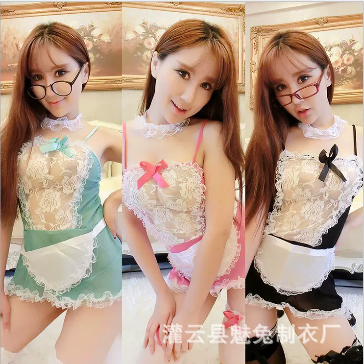 新款透明性感蕾丝网纱蝴蝶结女仆套装情趣内衣女制服女佣套装1255
