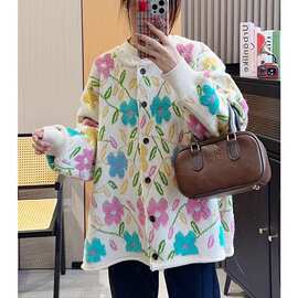 春秋时尚文艺清新提花圆领宽松大码胖妹妹开衫长袖针织毛衣外套女